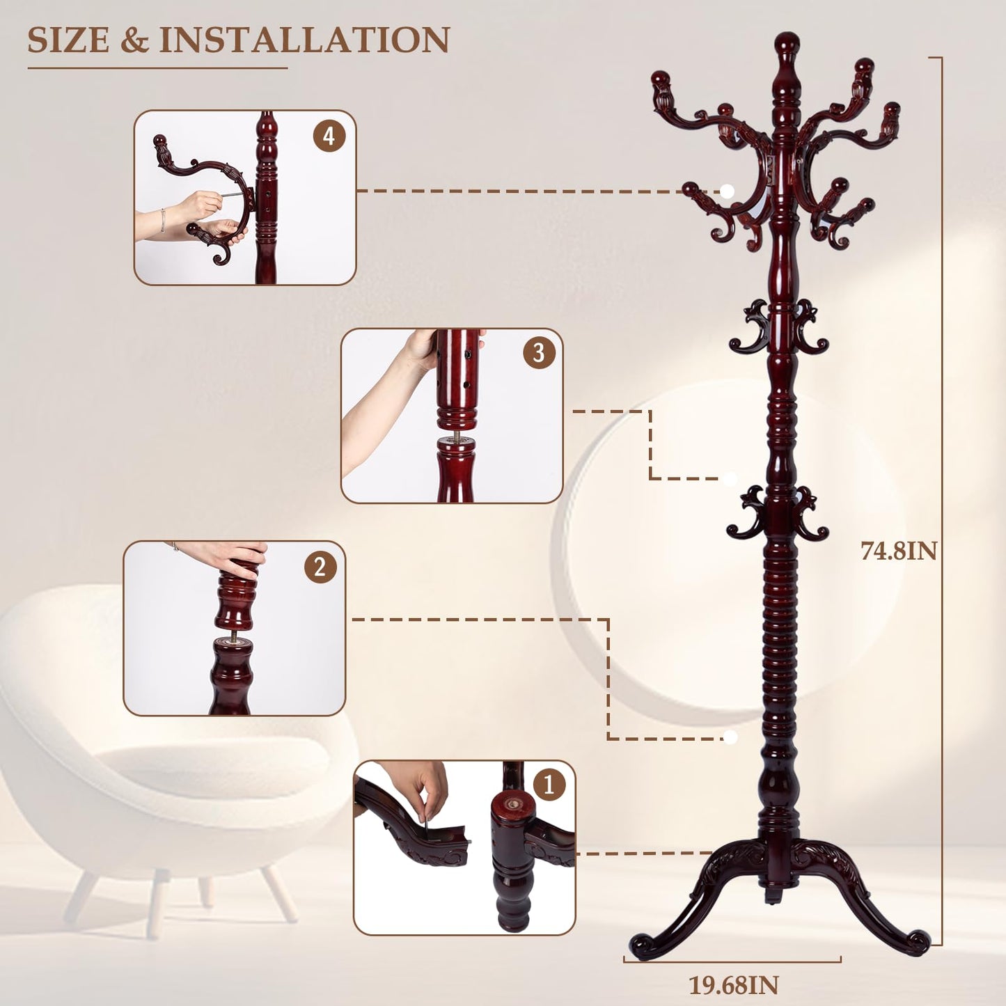 Zacammy Wood Coat Rack Freestanding, Natural Coats Tree Stand with 14 Hooks, 73" Sturdy and Easy Assembly Coat Rack Stand for Entryway, Hallway, Bedroom, Bags, Hats (Tri-legged Base, Rosewood)