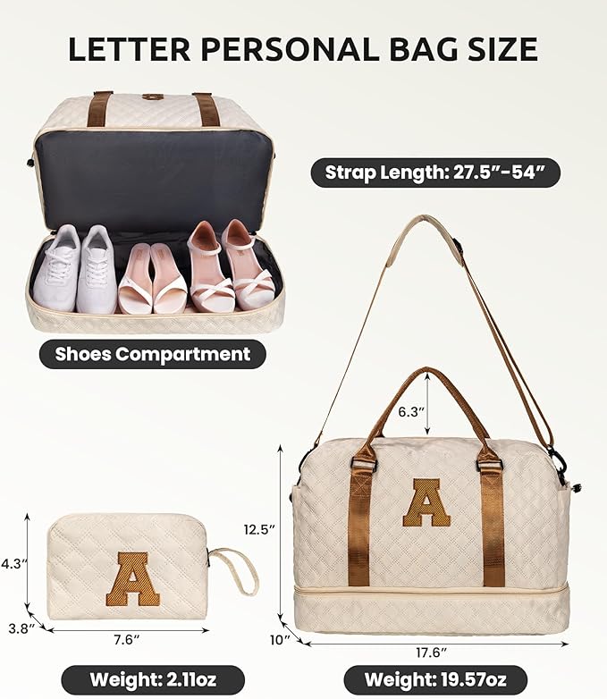 Vogewood Girls/Kids Initial Duffle Bag with Shoe Compartment, Kids Personalized Travel Bags with Makeup Bag for Women with Trolley Sleeve & Wet Pocket, Gifts for Teenage Girl(Letter E)