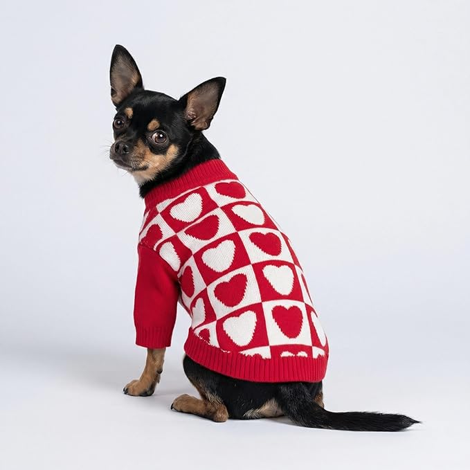 Fitwarm Checkered Heart Dog Sweater, Cozy Valentines Outfit for Small Dogs Girl, Festive Pet Clothes, Red, White, Medium