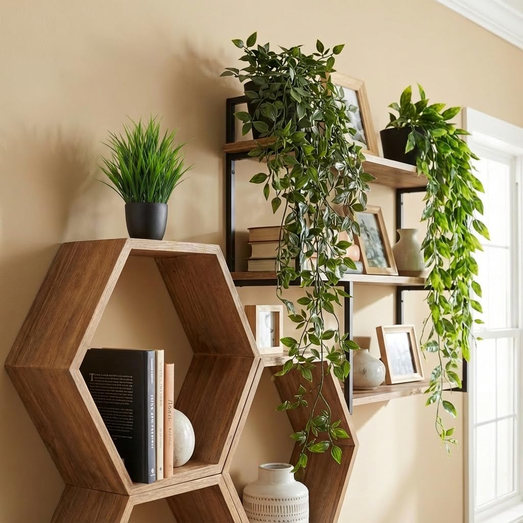 GOEJGSDJ 5 Pack Fake Plants - Artificial Hanging Plants & Small Potted Faux Eucalyptus Fern Ivy, UV Resistant Maintenance-Free, for Shelf Wall Desk Home Office Bathroom Indoor Outdoor Decor