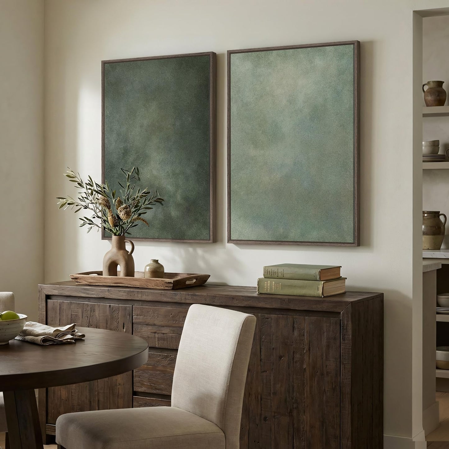 Large Framed Green Abstract Wall Art, 2 Piece Modern Canvas Art Prints Paintings, Minimalist Sage Green Abstract Pictures for Living Room, Hallway, Dining Room, Bedroom, Office Wall Decor 24x36 In