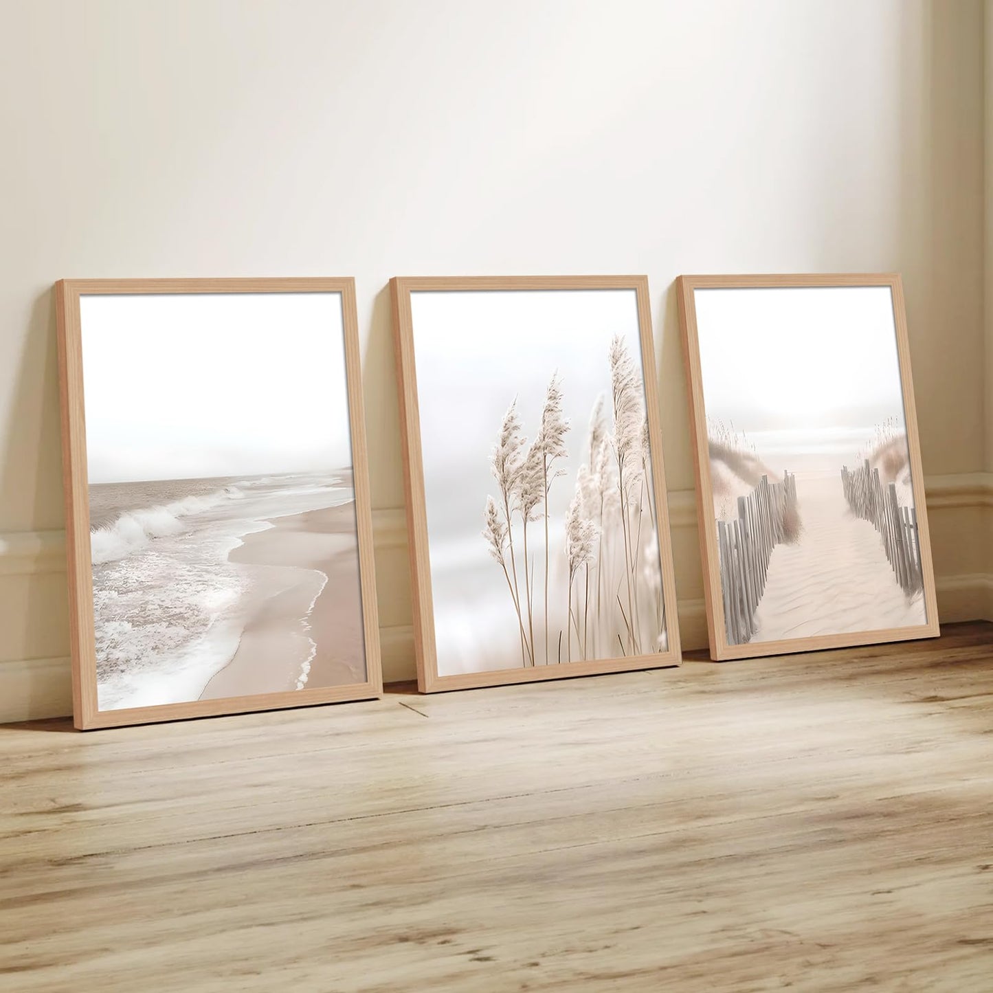 skysoon 3 Piece Neutral Beach Wall Art with Solid Wood Frame, Pampas Grass Boho Coastal Ocean Prints, Natural Wilderness Seascape Painting Set 12x16 Inch