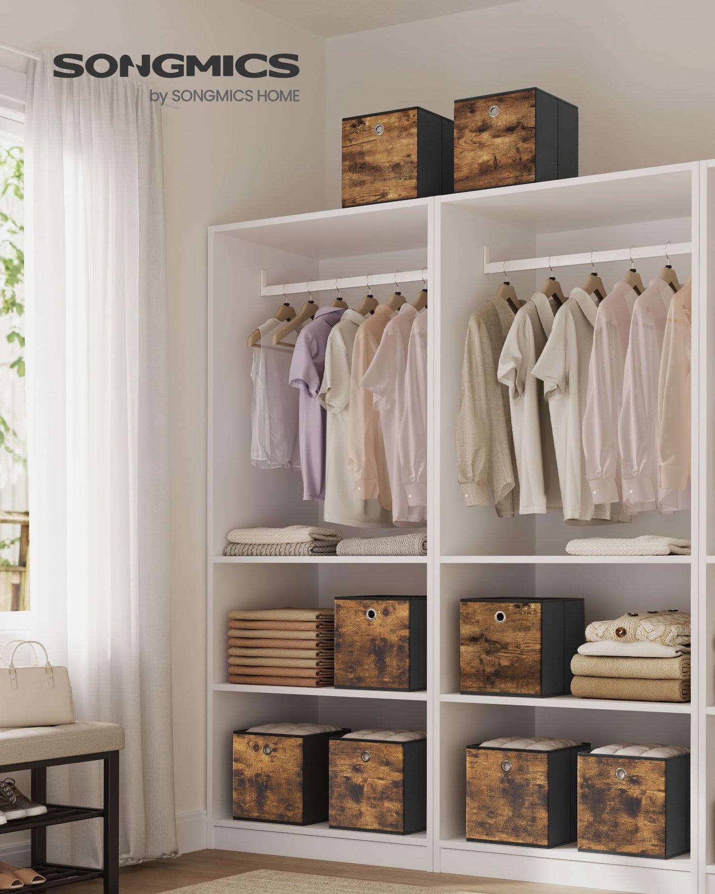 SONGMICS Storage Cubes, Set of 8 Storage Bins, Foldable Fabric Storage Boxes, 10.2 x 10.2 x 11 Inches, Fit Cube Storage Unit, for Clothes, Bedroom, Living Room, Rustic Brown and Ink Black URFB826B01