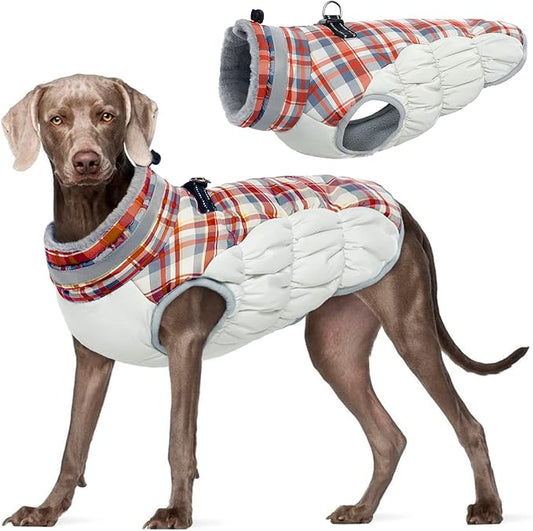 FUAMEY Dog Coat for Large Dogs,Waterproof Dog Winter Jacket with Harness Built in Puppy Cold Weather Coats Reflective Pet Vest with Zipper Warm Fleece Dogs Snowsuit Windproof Red Plaid XXL