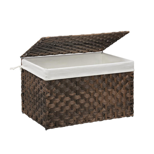 MOORLITER Wicker Storage Basket with Lid, 17.2 Gallon (65L) Small Blanket Basket with Lid, Woven Storage Bin with Handles, Removable Liner, Metal Frame, Foldable, for Bedroom, Laundry Room, Brown