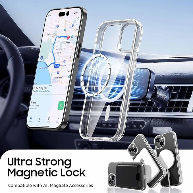 Magnetic for iPhone 14 Plus & iPhone 15 Plus Clear Case (Compatible with MagSafe) with Pink Detachable Wallet & Card Holder for 3 Cards [RFID Blocking] Military Grade Protective Slim Phone Cover