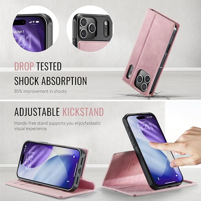 PlusnapX Wallet Case for iPhone 17 Pro Compatible with Magsafe, 2-in-1 PU Leather Flip RFID Blocking Card Holder Stand Shockproof Magnetic Detachable Cover for iPhone 17 Pro Case 6.3", Pink