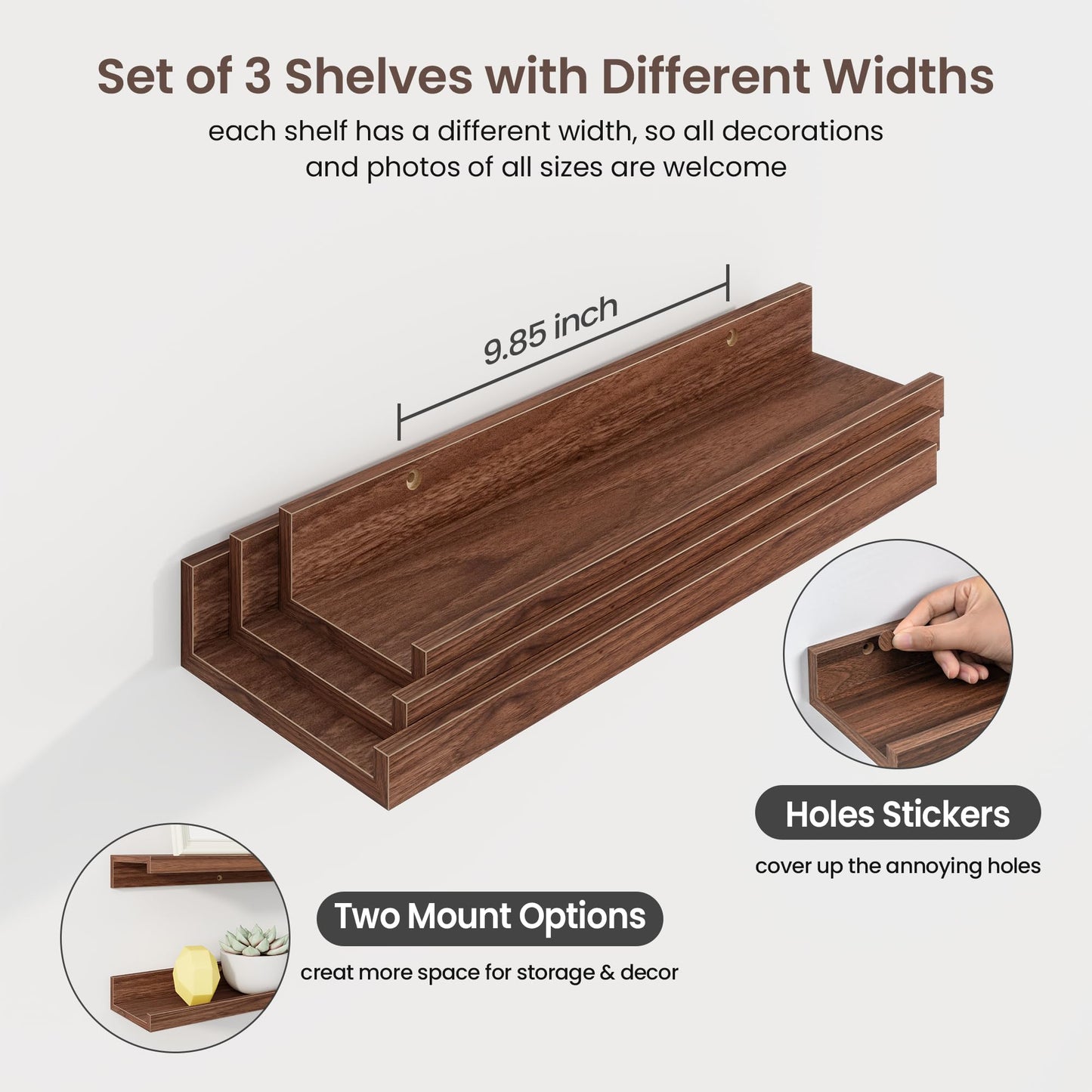 Axeman Picture Ledge Shelf | 16 Inch Walnut Floating Shelves Set of 3 | Rustic Wood Wall Shelves with Lip | 16" Walnut Picture Shelf for Wall with Ledge | Photo Shelves