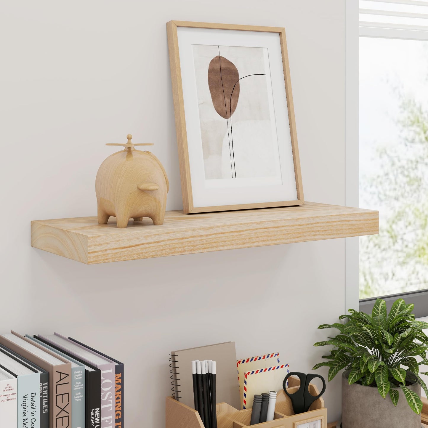 fuqing Natural Wood Floating Shelves - Wood Floating Shelves for Wall Set of 3-17 Inch Wide x 6.7 Inch Deep Natural Wooden Shelves for Living Room Bedroom Home Office
