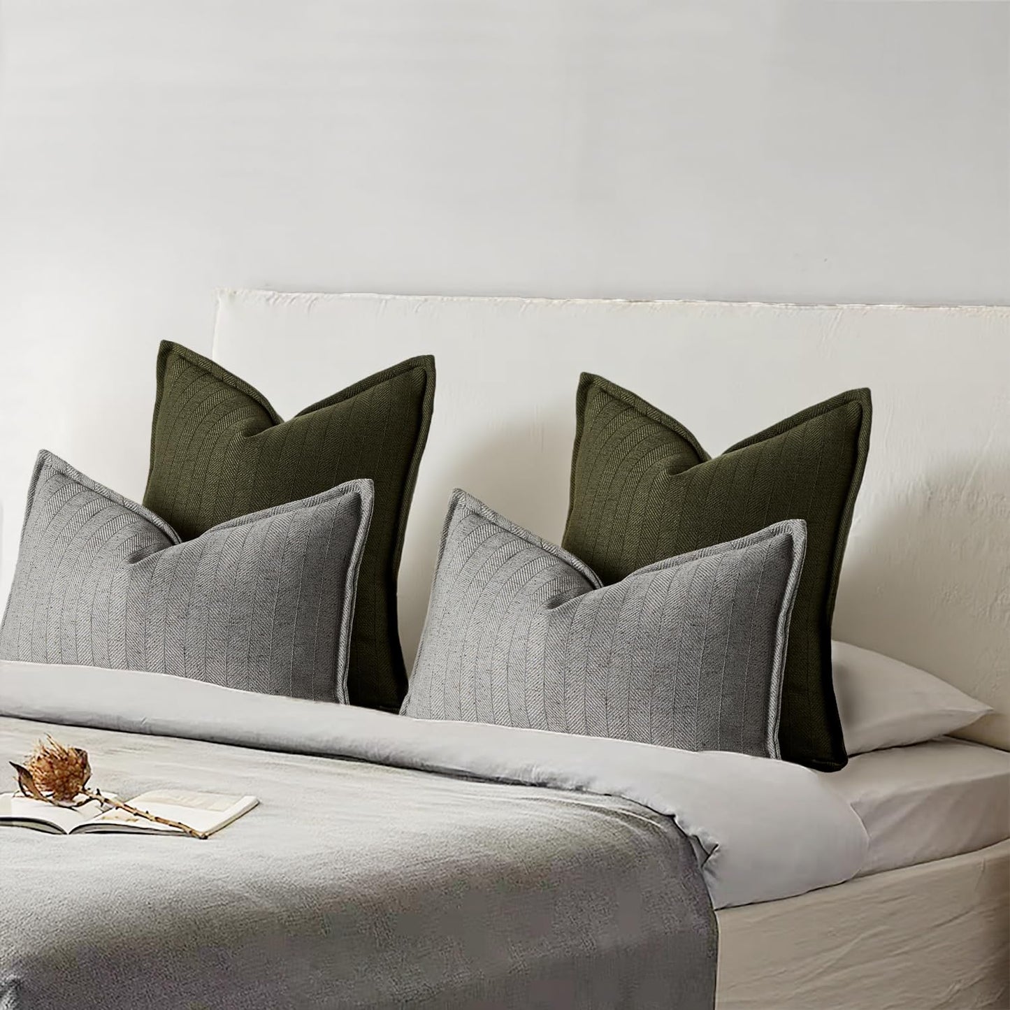 DEZENE 22x22 Linen Pillow Covers Olive Green Pack of 2 Farmhouse Boho Neutral Accents Striped Textured Square Decorative Throw Pillow Cases for Living Room Couch Bed Home Decor