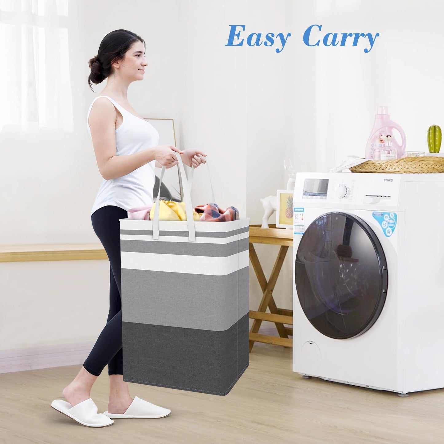 BlissTotes 3-Pack Laundry Basket, Freestanding＆Waterproof Laundry Hamper, Collapsible Tall Clothes Hamper with Easy Carry Handles for Clothes, Towels in the Family and Dorm,Gradient Grey,75L