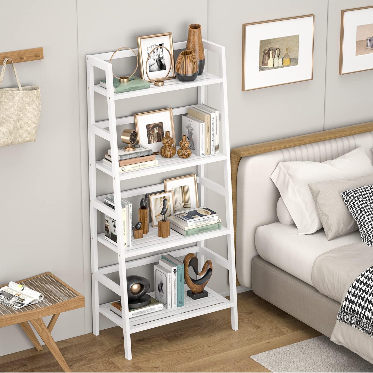 Homykic Ladder Shelf, 4-Tier Bamboo Ladder Bookshelf, 49.2” White Book Shelf, Open Bookcase Freestanding Plant Stand for Small Space, Bathroom, Living Room, Bedroom, Home Office
