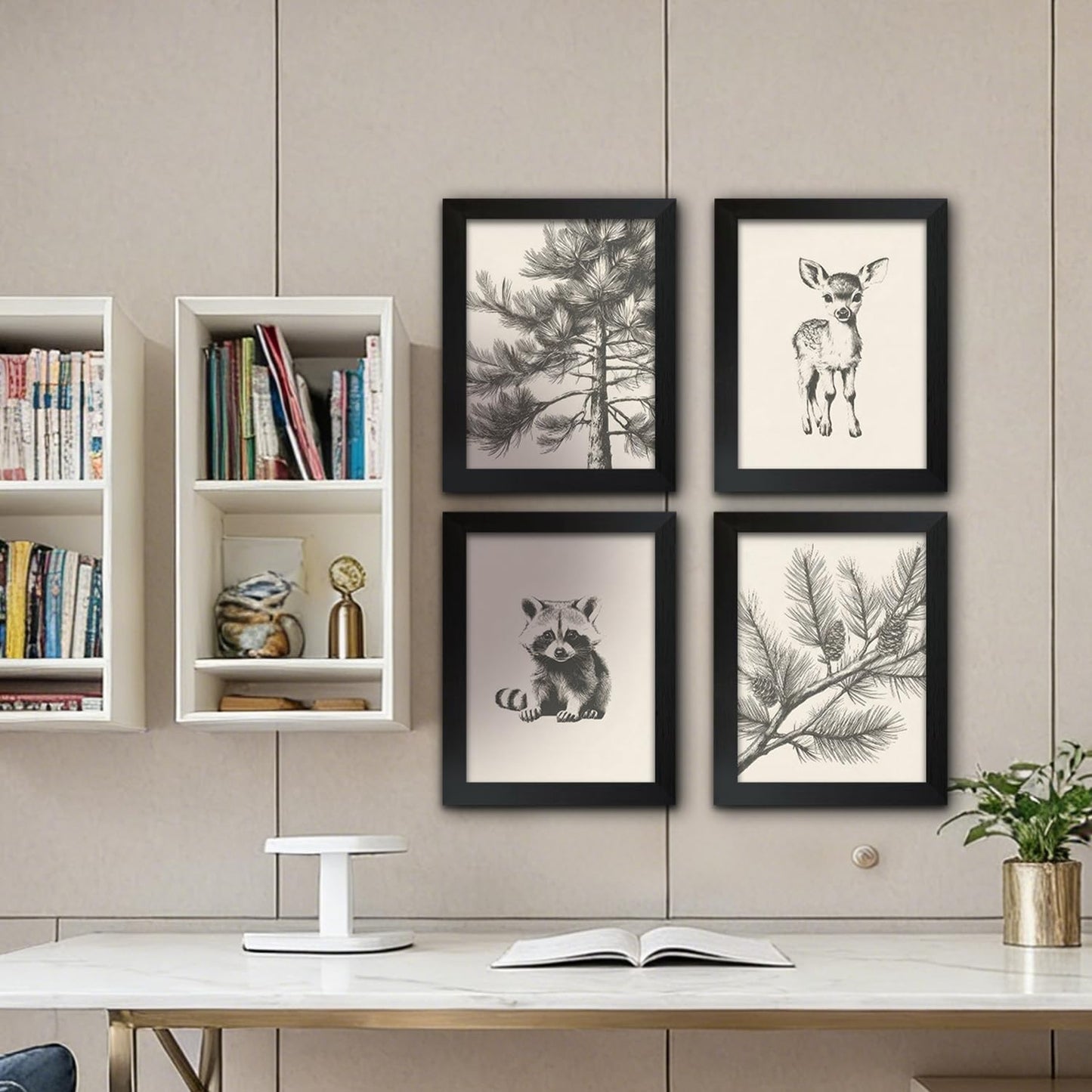 4Pcs Framed Wall Art Set Forest Animal Sketches on Canvas Nature Inspired Gallery Grade Artwork Ideal for Living Rooms Bedrooms and Children's Rooms 8x10 Ready to Hang