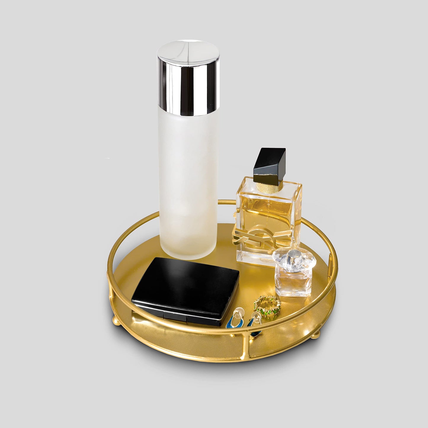 Jewelry Tray Perfume Display Organizer Bathroom Storage Vanity Tray Tabletop Display for Cosmetic, Candle, Jewelries, 8" Round Gold, Small