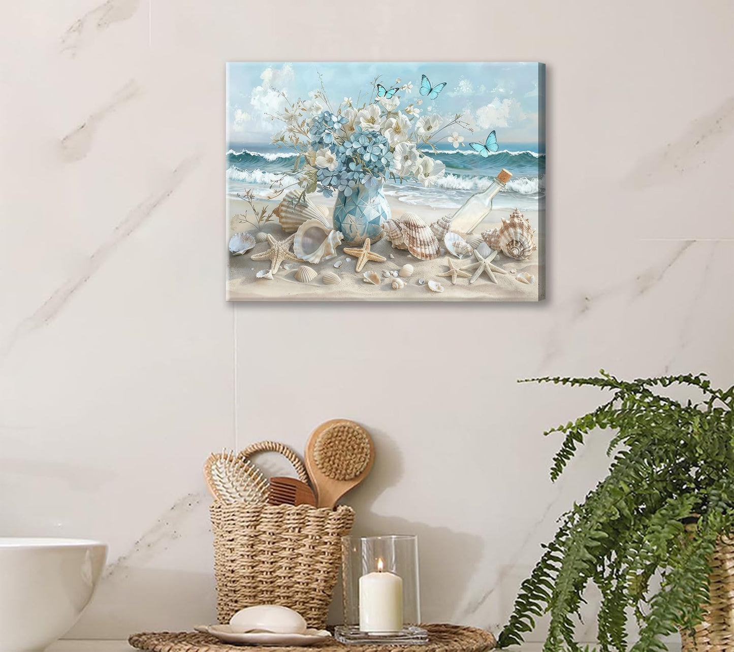 Framed Blue Ocean Beach Canvas Wall Art Seaside Seashell Painting Picture Wall Decor Starfish White Floral Vase Poster Print Artwork for Living Room Bedroom Bathroom Home Decoration 12×16in