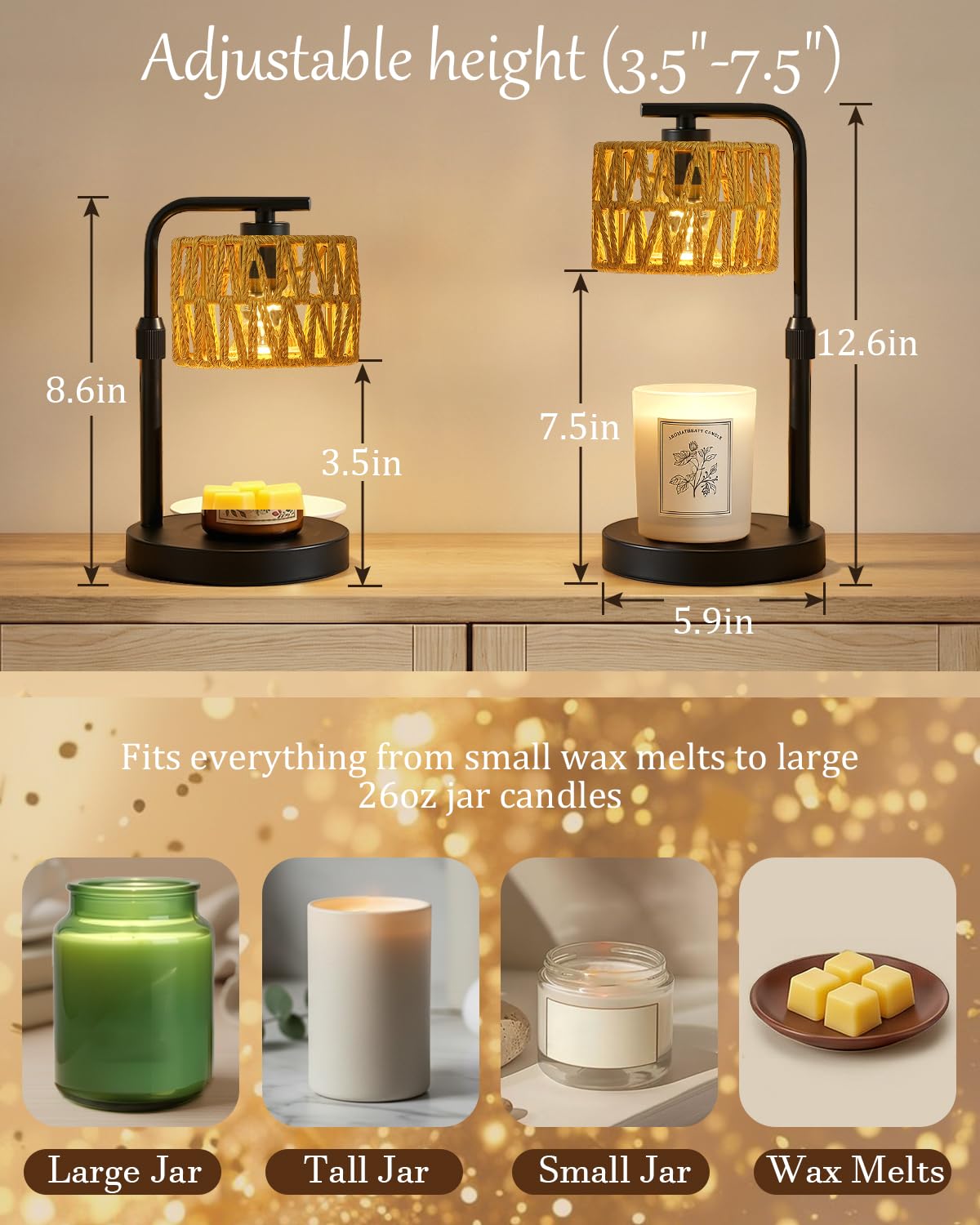 Candle Warmer Lamp, Timer Dimmable Candle Lamp, Adjustable Height and Brightness Candle Warmer, Boho Rattan Lampshade and 2 Bulbs, Suitable for Home Decor, Birthday Gifts for Women Mom (Black)