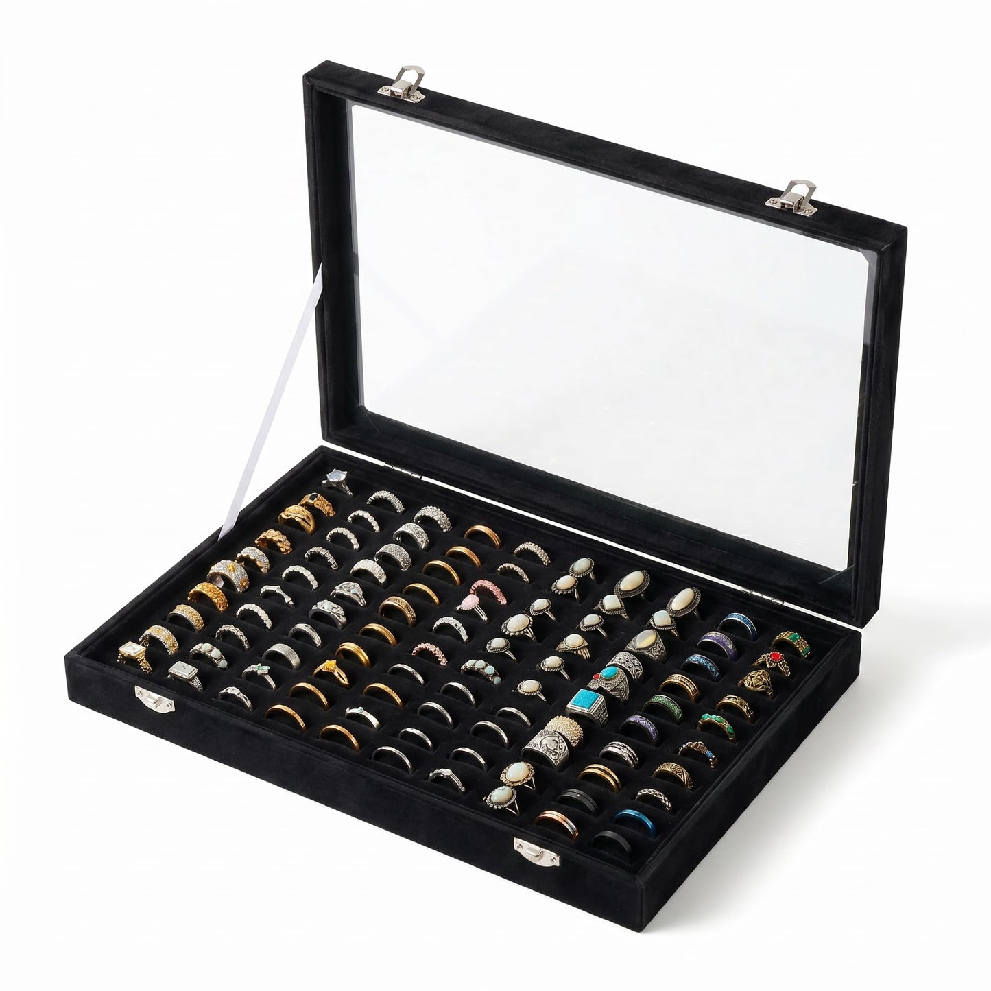 Frebeauty Ring Organizer Tray 100 Slots Ring Holder with Clear Lid Velvet Storage Box Jewelry Tray for Jewelry Store Earring Display Case for Jewelry Show Studs Box for Women(Black)