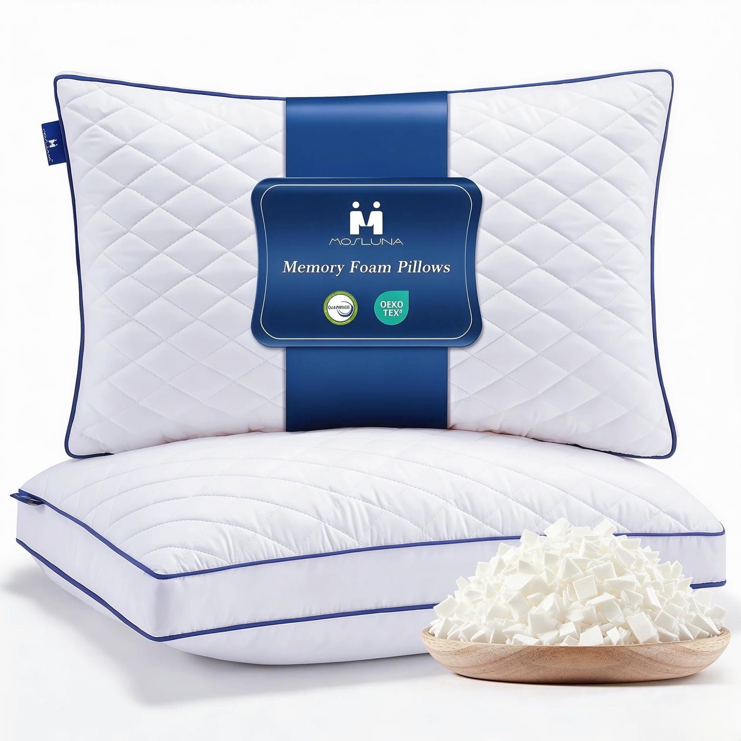 Mosluna Shredded Memory Foam Pillows Queen Size Set of 2, Soft Bed Pillow for Side and Back Sleepers, Medium Firm Pillows 2 Pack with Gusset(20"x30")