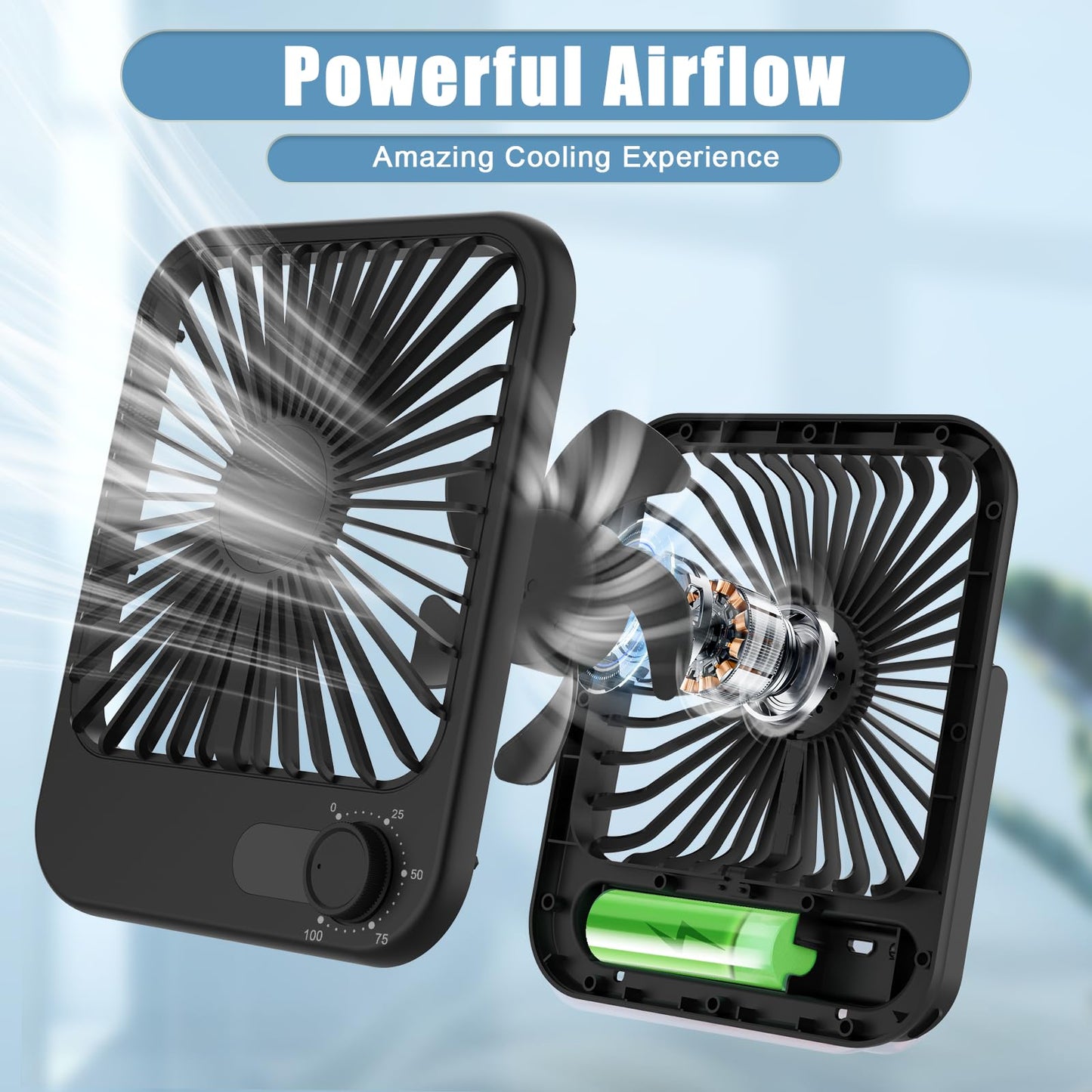 Cooperwin Small Desk Fan, 100 Speeds Personal Fan Portable Rechargeable with Battery Powered, 180°Tilt Adjustable Quiet Bedroom Fan, Home Beach Camping Travel Office Desk Accessories, Black