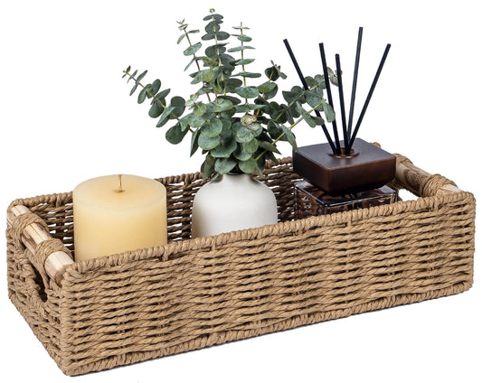 CubesLand Back of Toilet Storage Basket for Organizing w/Cut Out Handle, Handwoven Toilet Tank Top Paper Baskets, Wicker Decorative Basket for Countertop, Home Decor, Living Room, Nursery, Neutral