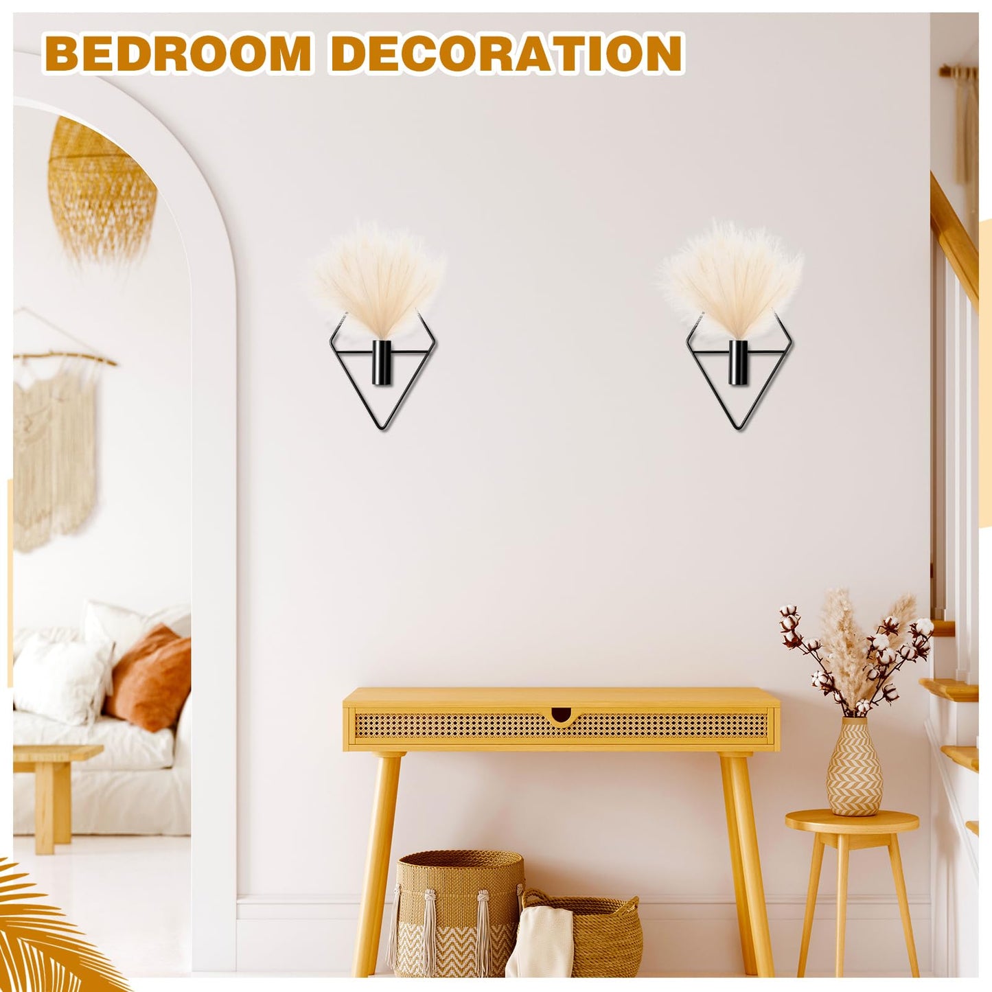 Jexine 4 Pcs Plant Wall Decor Diamond Shape Hanging Planters with Artificial Plants Geometric Wall Decor Metal Hanging Vase Indoor Holder for Living Room Bathroom Home(Pampas)