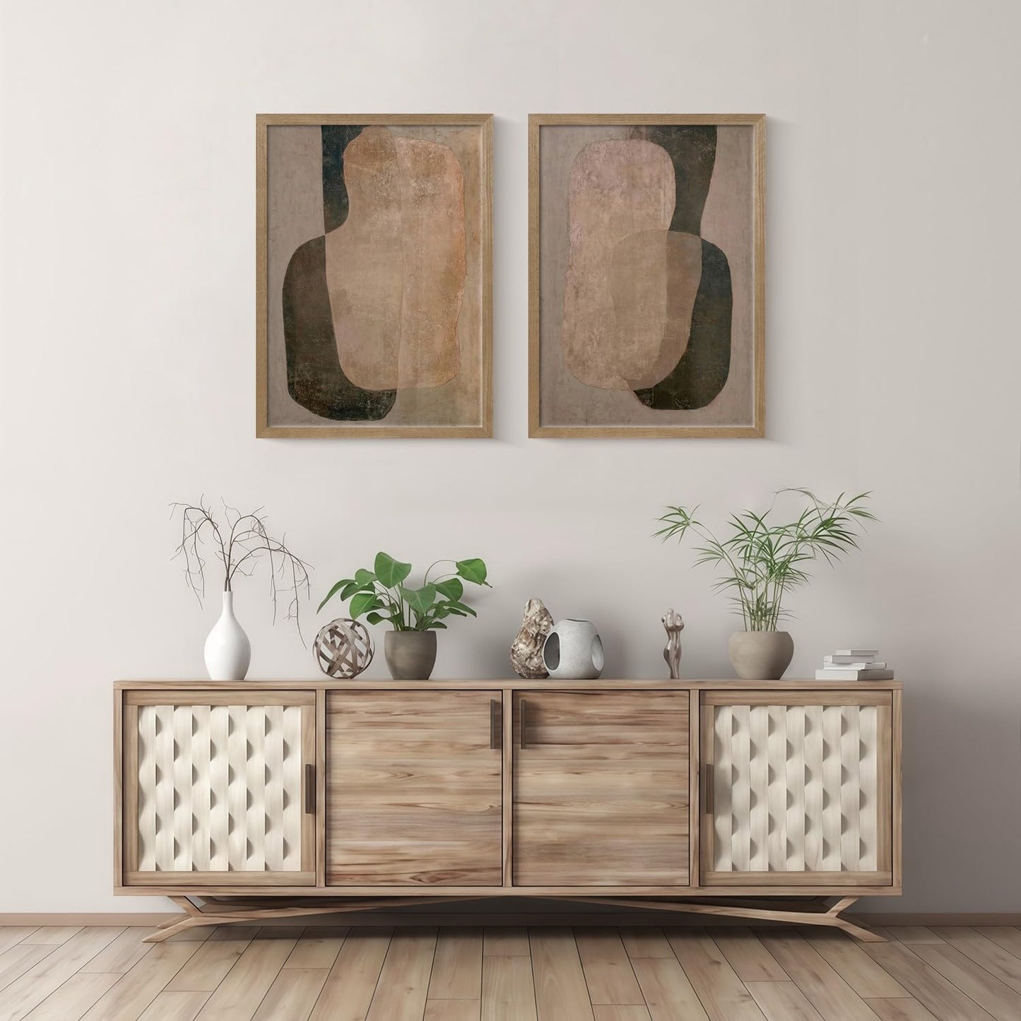 Framed Neutral Abstract Canvas Wall Art 2Pcs Wabi Sabi Wall Deco 24x16 Inch