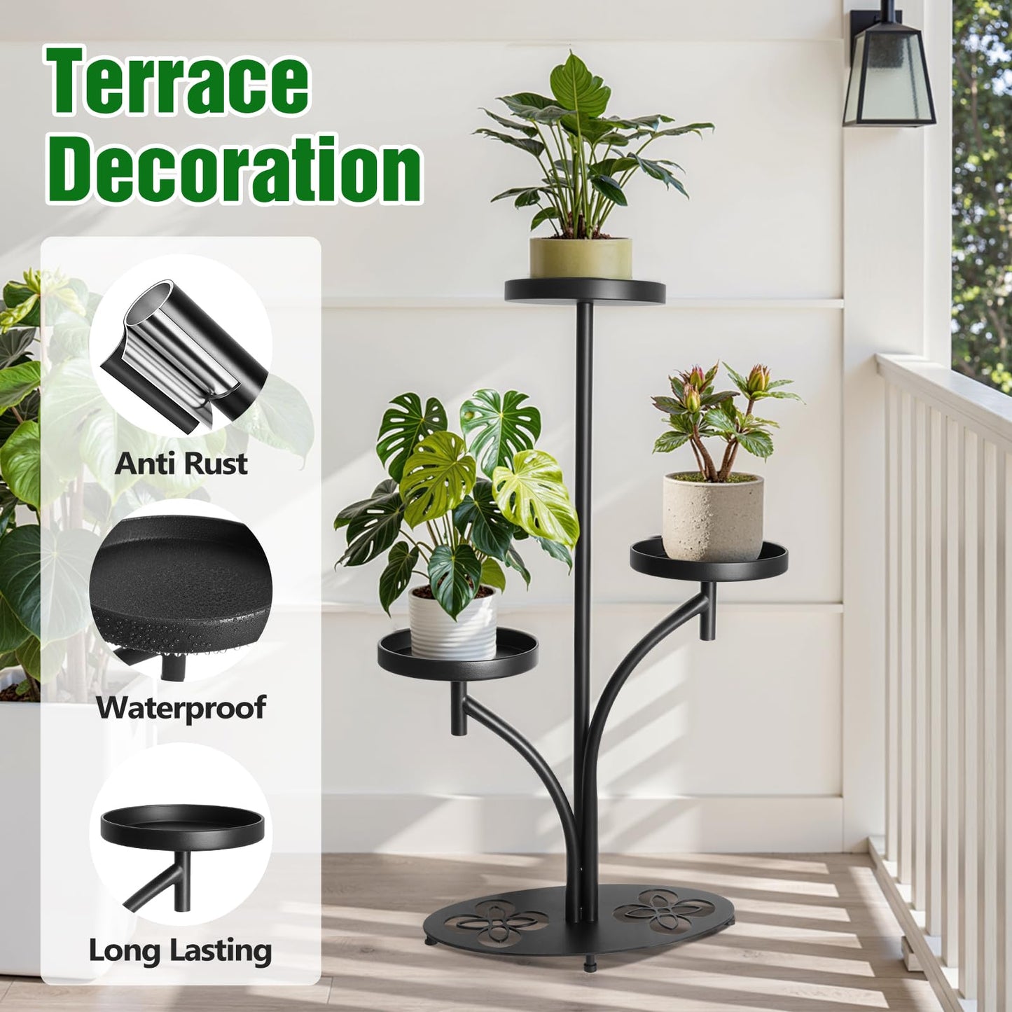 XZHXZH, 3 Tier Metal Plant Stand Indoor Outdoor, Tall Black Plant Shelf, Heavy-duty Base in the Shape of a Four-leaf Clover, Tiered Modern Corner Shelf, Suitable for Courtyard, Patio, Living Room, Bedroom