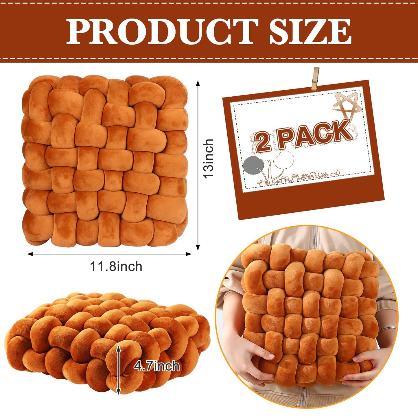 Wenqik 2 Pcs Knot Pillows Square Knotted Plush Throws Soft Accent Pillows Decoration Cushion for Couch Home Office Living Room Bedroom Bed Sofa Decor, 12'' x 13''(Caramel,Crystal Velvet)