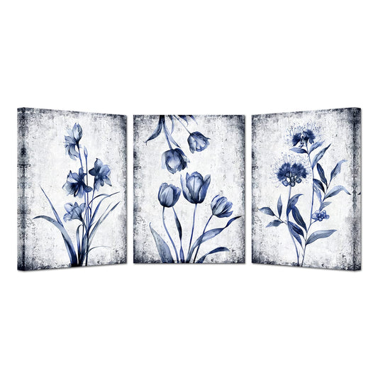 KREATIVE ARTS 3 Pieces Canvas Wall Art Navy Blue and Grey Flower Painting Art Prints Vintage Floral Picture Artwork Modern Bedroom Bathroom Wall Decor Framed Ready to Hang Each Panel 12x16 Inches
