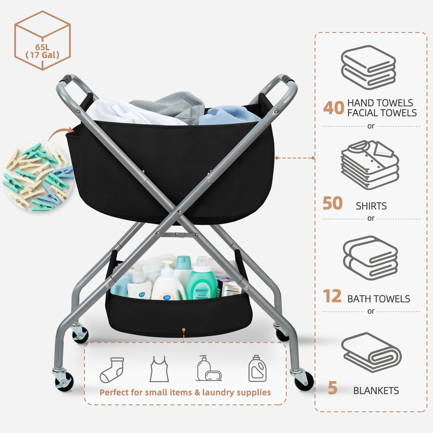 STORAGE MANIAC Collapsible Laundry Cart with Wheels 31.5"H Rolling Laundry Hamper Clothes Basket with Wheels, Canvas Liner Sturdy Steel Frame Folding for Small Narrow Space Easy Storage, Black
