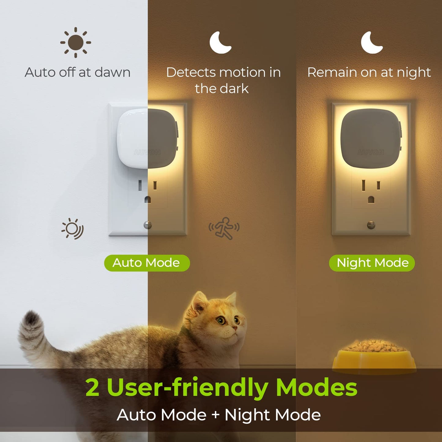 AUVON Plug-in LED Backlit Night Light with Motion Sensor & Dusk to Dawn Sensor, 2200K Soft Warm White Nightlight with 1-50lm Dimmable Brightness for Adults & Kids' Bedroom, Bathroom, Hallway (4 Packs)