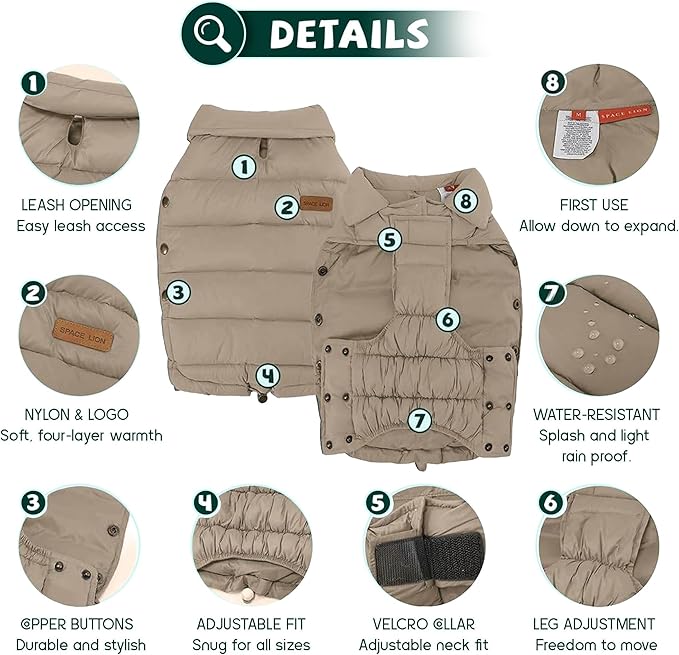 SPACE LION Dog Puffer Jacket, Down Winter Coat, Durable Outdoor Coat for Cold and Windy Conditions, Lightweight & Adjustable Fit Coats for Small Dogs, (Khaki, Size8/XS)