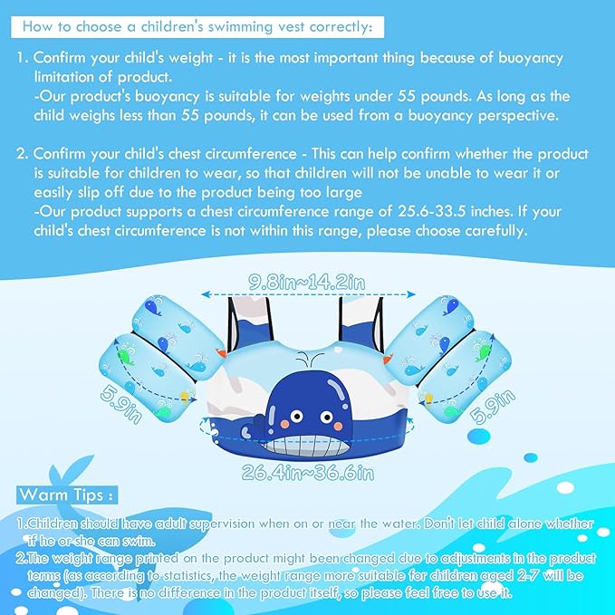 Chriffer Kids Swim Vest Life Jacket for 30-55 Pounds Boys and Girls, Toddler Floaties with Shoulder Harness Arm Wings for 2,3,4,5,6,7 Years Old Baby