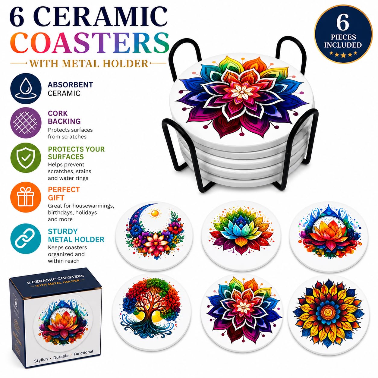Mandala Ceramic Coasters Set of 6 with Holder – 4 Inch Absorbent Drink Coasters with Cork Backing