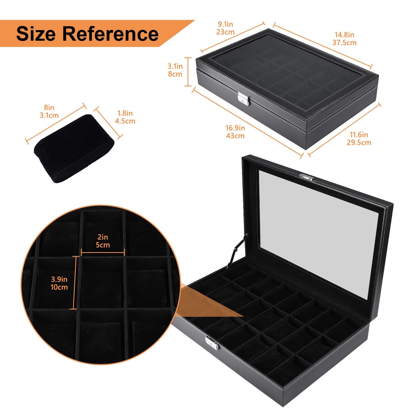 Artilife 24 Slot Watch Box for Men,Watch Cases for Men,Watch Display Case,Glass Top,PU Leather Display Storage Collection Organizer Jewelry Case Watch Organizer with Removable Pillows Black