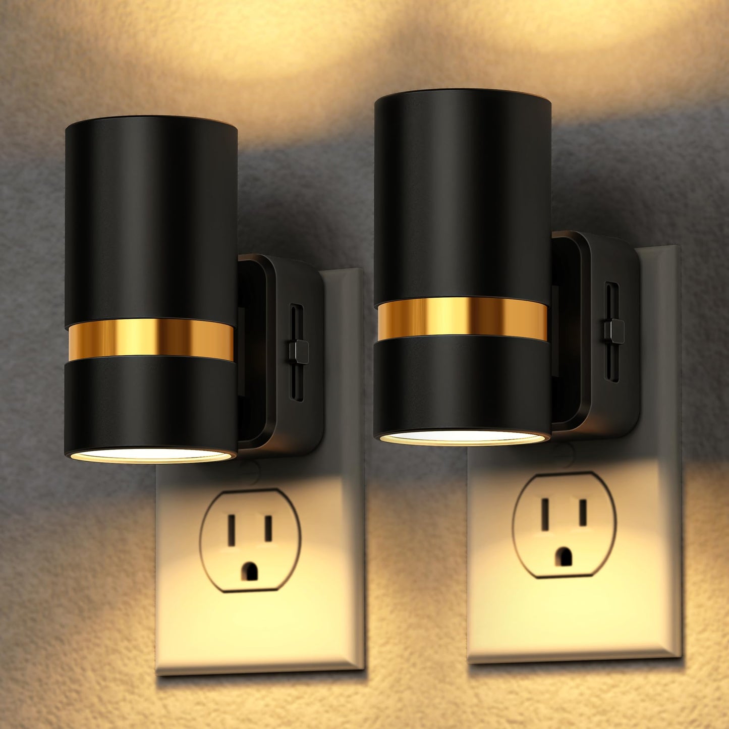 DORESshop LED Night Lights Plug into Wall, 2 Pack, Black Cylinder Wall Sconce Dimmable Night Light Plug in, Slide Brightness Adjustable with Dusk to Dawn Sensor, 3000K Warm White for Bedroom, Hallway