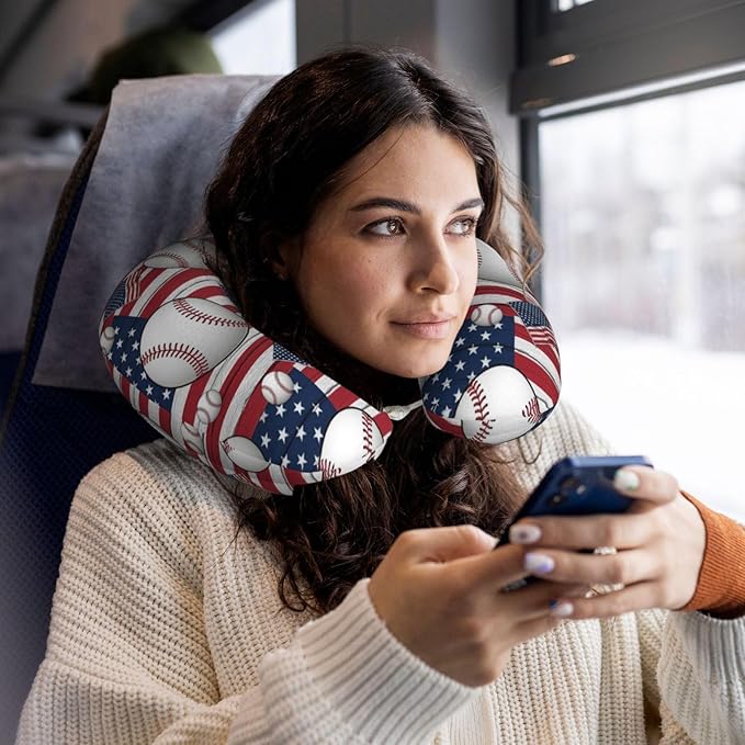 Travel Pillow Chin Neck Support, Comfortable Airplane Car Pillows for Rest, Memory Foam U Shaped Office Home Nap Sleeping Cushion Rustic Wooden American Flag Baseball Sport