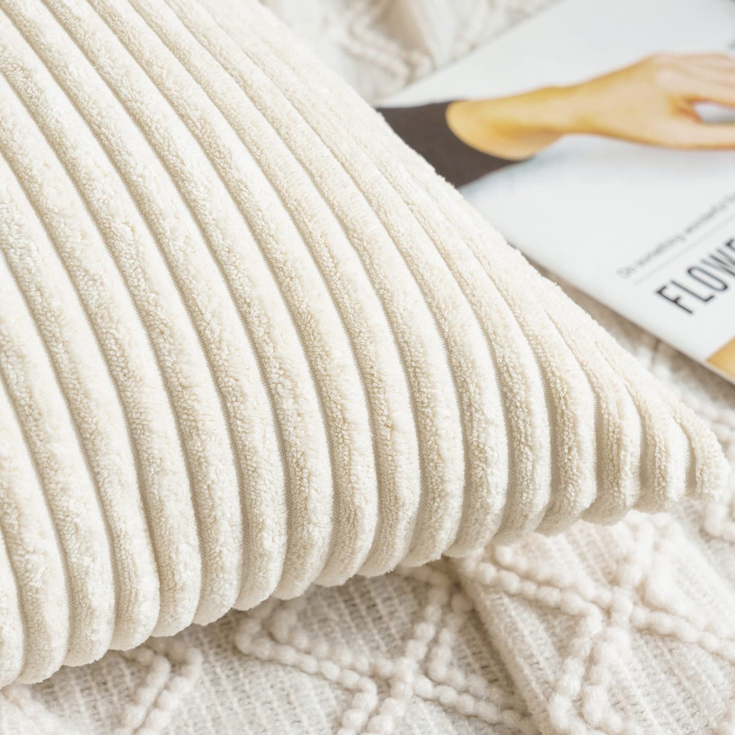 MIULEE Pack of 2, Corduroy Soft Soild Decorative Square Throw Pillow Covers Set Cushion Cases Pillowcases for Sofa Car 18 x 18 Inch Cream White Bundle Cream White Fleece Blanket 50x60 inch