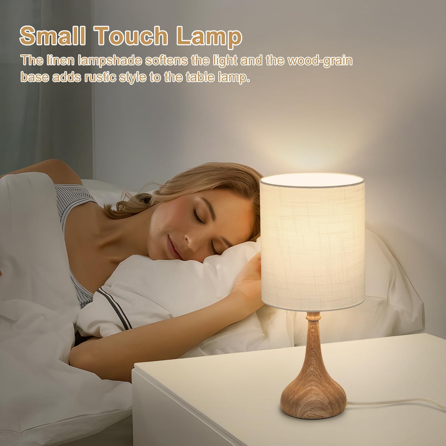 Boncoo Dimmable Small Table Lamp, Bedside Lamps Touch Control for Bedrooms Nightstand with Wood Grain Base, Desk Lamp Night Light for Office Living Room, 9W 3000K LED Bulb Included