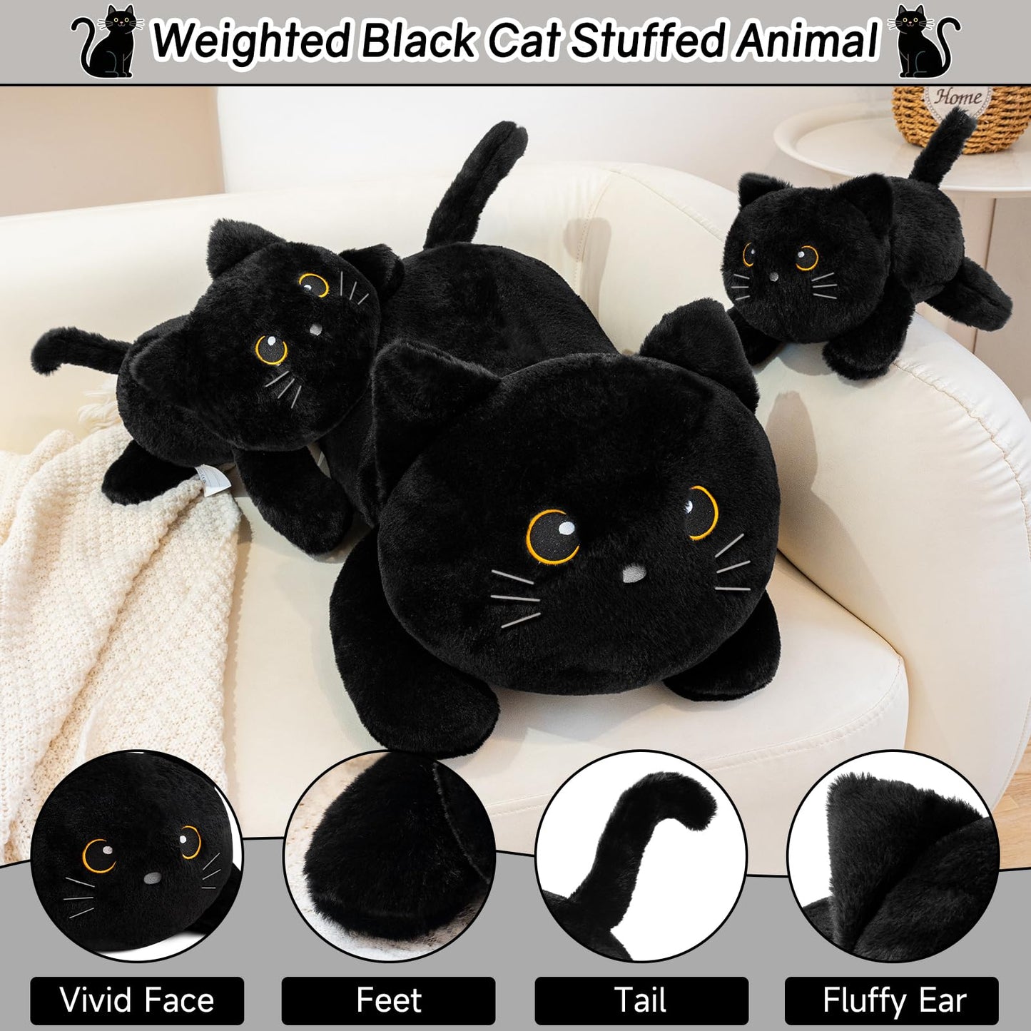 SQEQE Weighted Stuffed Animals Black Cat, Weighted Black Cat Plush, Plushies for Cozy Comfort, Soft Black Cat Pillow Toy for Kids Adults, Christmas & Valentines Gift 9.8 Inch, 0.8 Lb