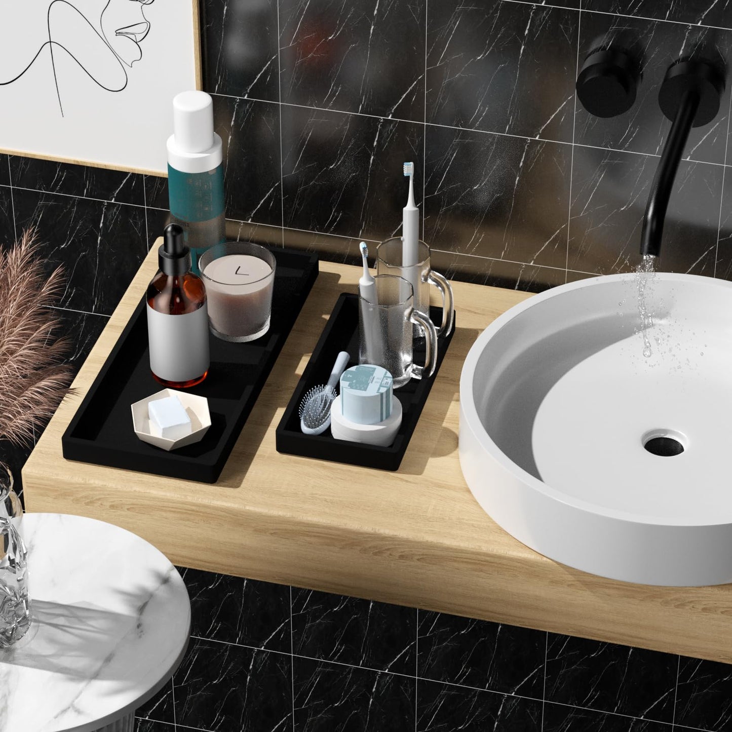 BBK Bathroom Vanity Tray- 2 Pack (7.8" and 11.8") Silicone Bathroom Tray for Counter, for Perfume Key Trinket Ring Soap Organization - Black