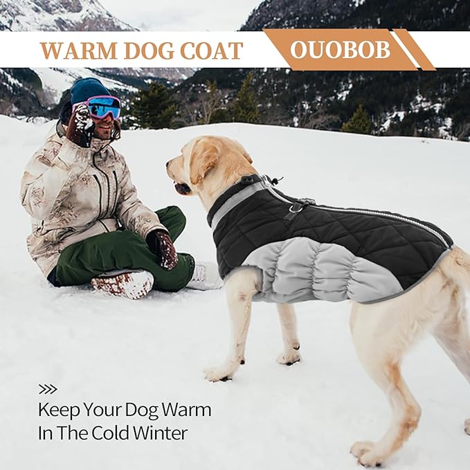 OUOBOB Dog Jackets for Medium Dogs,Medium Dog Coat,Warm Pet Winter Coat Zip Up Back,Waterproof Dogs Jacket with D-Ring,Pet Cold Weather Coats with Fleece Lined, Snowsuit Pug Boston Terrier,Black,M