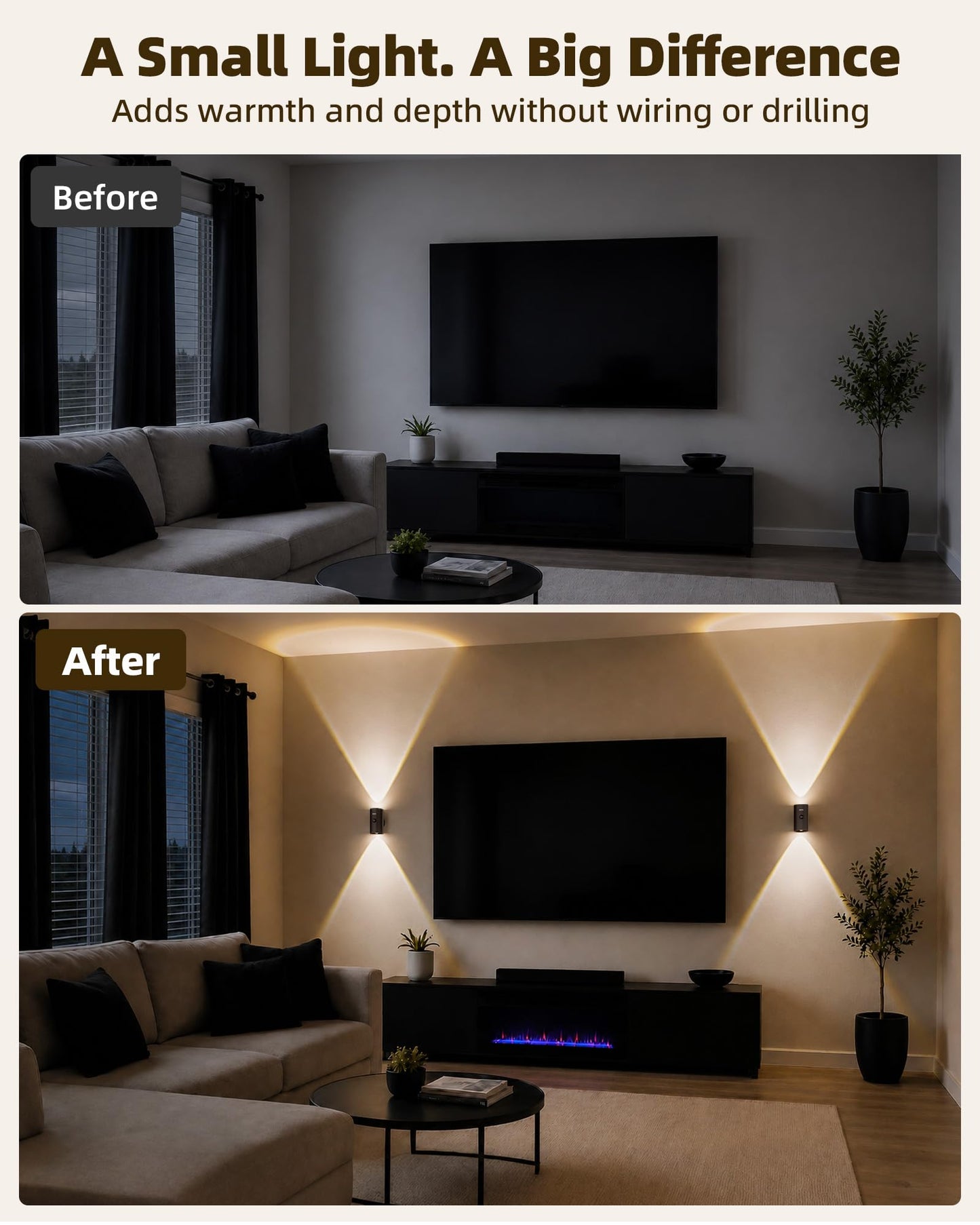 EZVALO Motion Sensor Wall Lights, Rechargeable Battery Operated LED Wall Sconce with Remote, 3 Color Temps & RGB, Peel and Stick Wall Lamps for Hallway, Stairway, Living Room (2 Pack, Black)