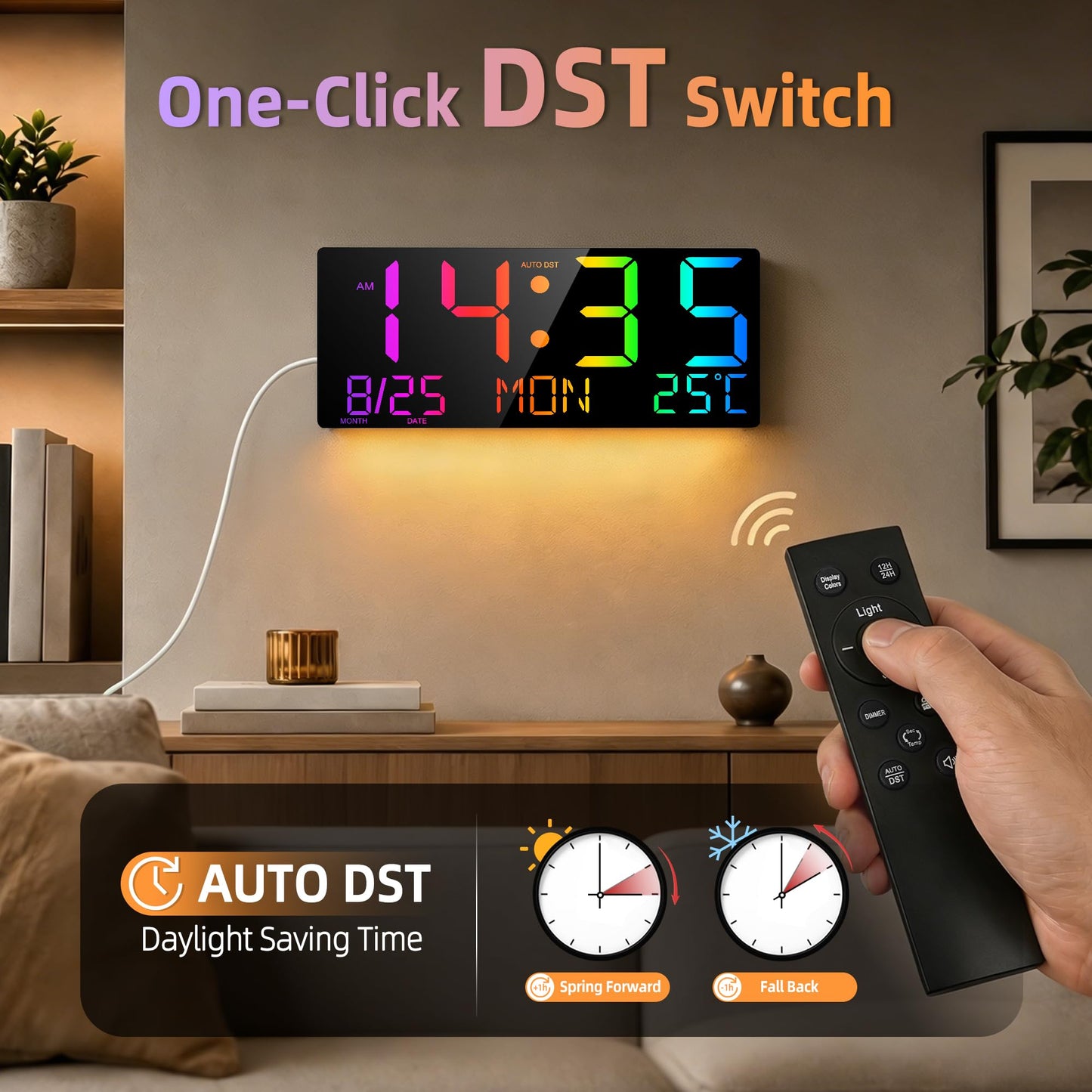 Mee 2ou 16" Large Digital Wall Clock with RGB LED Jumbo Number, Remote Control, Auto DST, Temperature,Calendar, Modern Wall Mount Digital Clock for Living Room, Classroom, Office Wall, Senior Bedroom