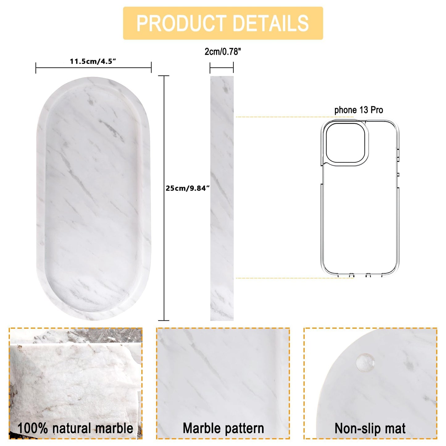 WORHE Natural Marble Vanity Tray Waterproof Italy Stone Bathroom Organizer for Perfume, Candles & Jewelry Non-Slip Oval Storage Tray for Spa, Bedroom, Kitchen 9.8" x 4.5" White (BH101)