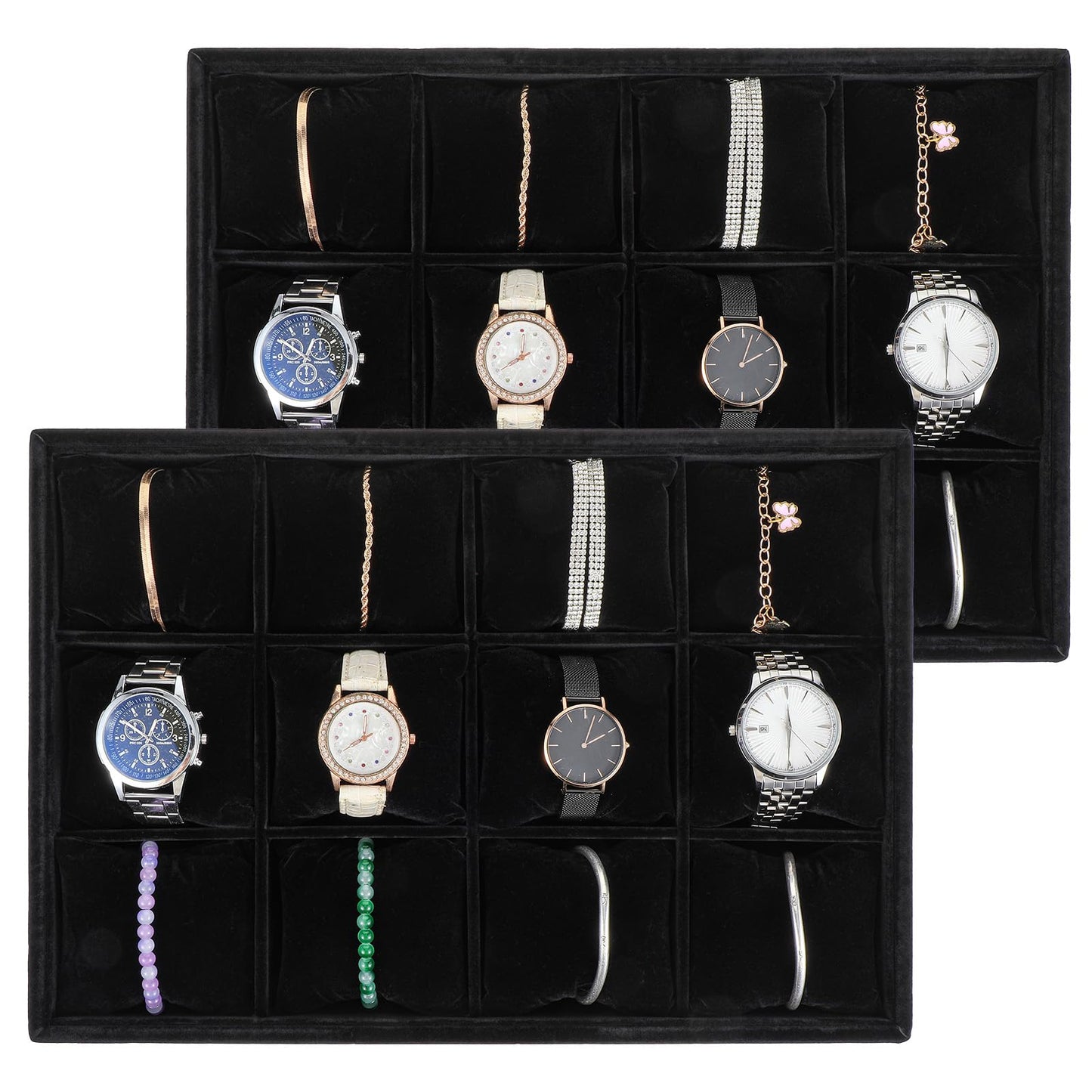 Tobeelec 2 Pcs Velvet Watch Tray Jewelry Organizer, 12 Grid Stackable Velvet Watch Tray, Watch Display Velvet Tray Watch Bracelet Bangle Display Holder Adjustable Pillow