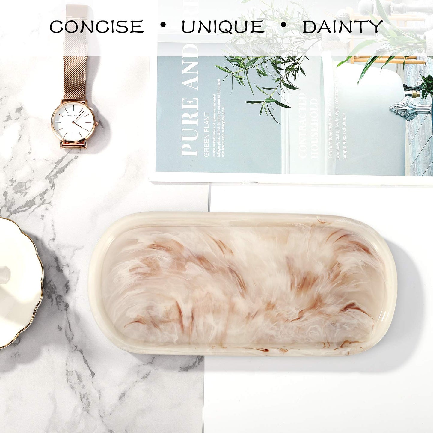 Emibele Jewelry Organizer Oval Resin Tray, Bathroom Kitchen Dresser Vanity Tray Jewelry Dish Ring Holder Cosmetic Organizer for Candle Perfume Soap Shampoo Small Plant Home Decor, Ink Khaki