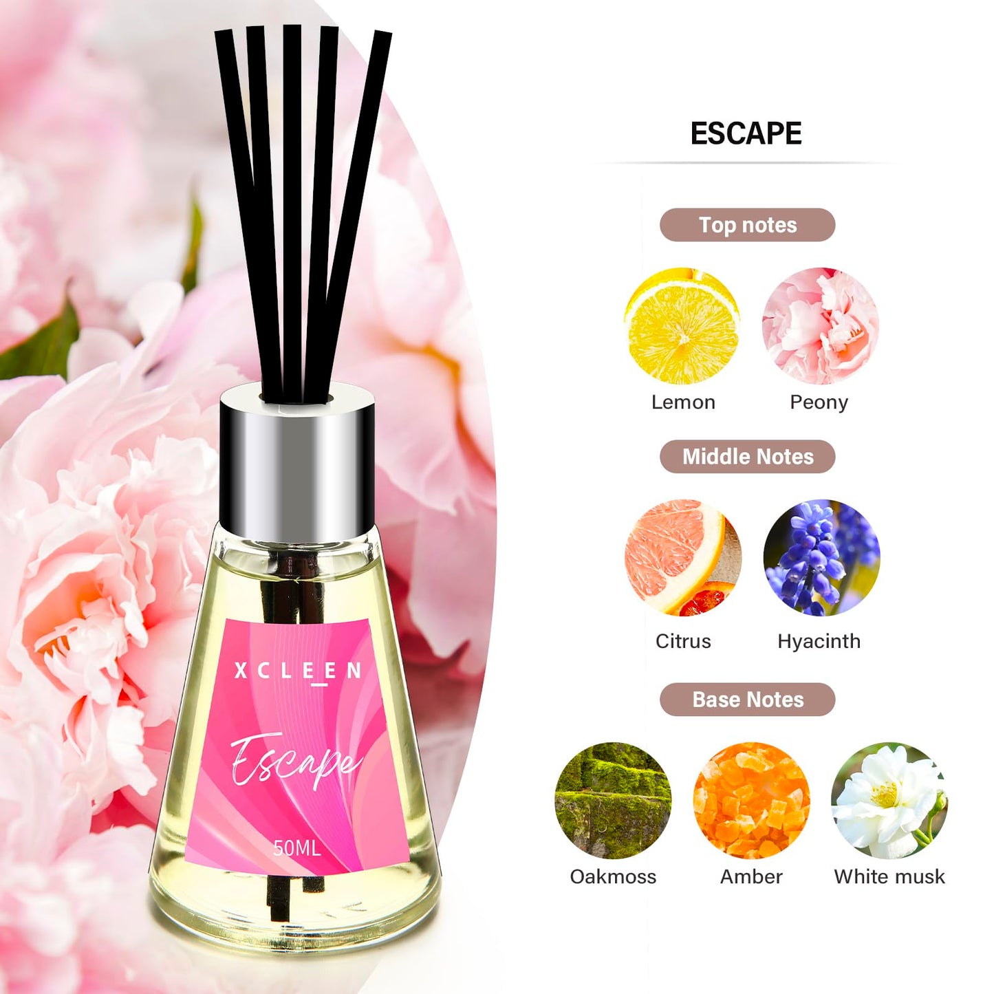 Xcleen Reed Diffuser of 3 Pack, Escape/Citrus/Sandalwood, Scented Diffuser with 15 Fiber Sticks, Home Fragrance Oil Diffuser, Air Freshener for Bathroom & Bedroom, Each 1.7Fl Oz, Total 5.1Oz