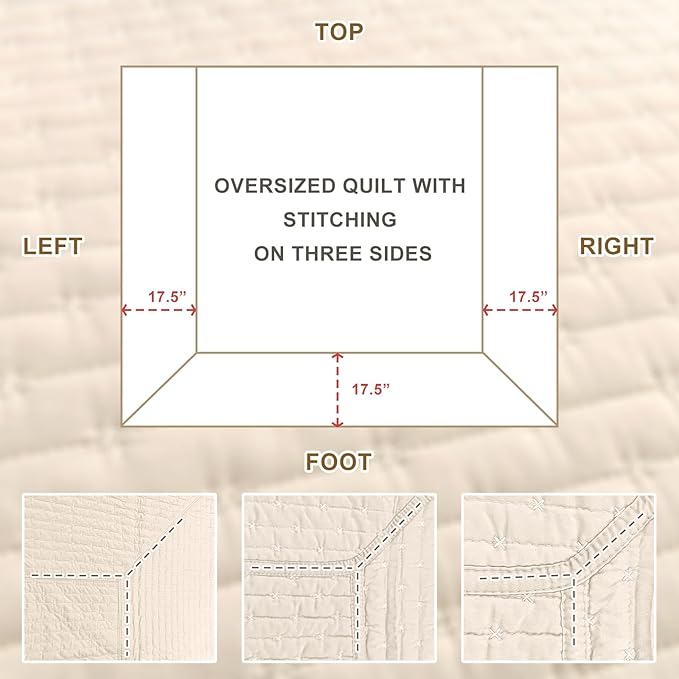 Sanracie Oversized Queen Bedspread Set 102"*118", 100% Cotton Wheat Colored Extra Large Wide Queen Quilt Bed Set Soft and Cozy Cloud Lightweight Quilts for All Season