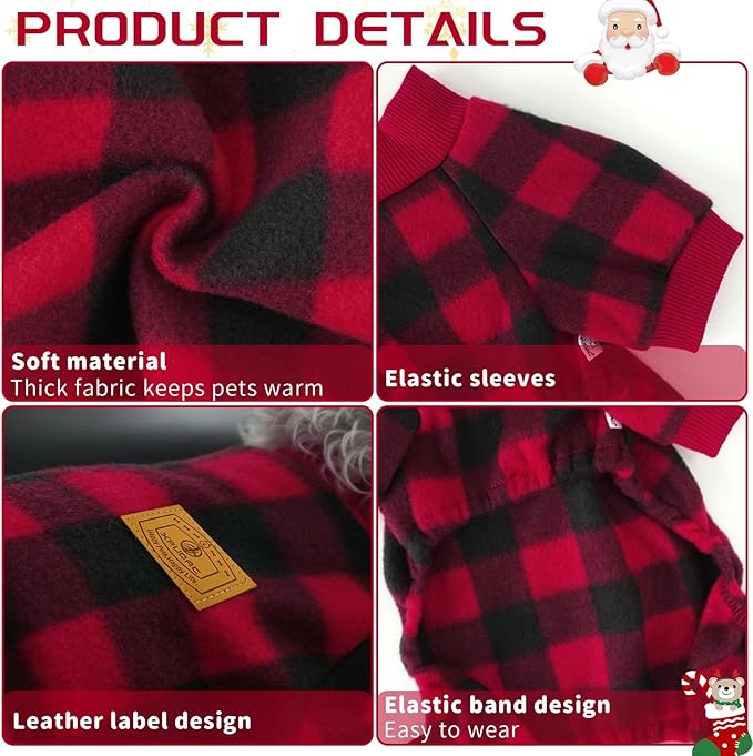 XPUDAC Dog Christmas Pajamas Plaid Dog Clothes for Small Medium Dogs Girl Boy Fleece Pet Sweater for Winter Christmas(Medium)